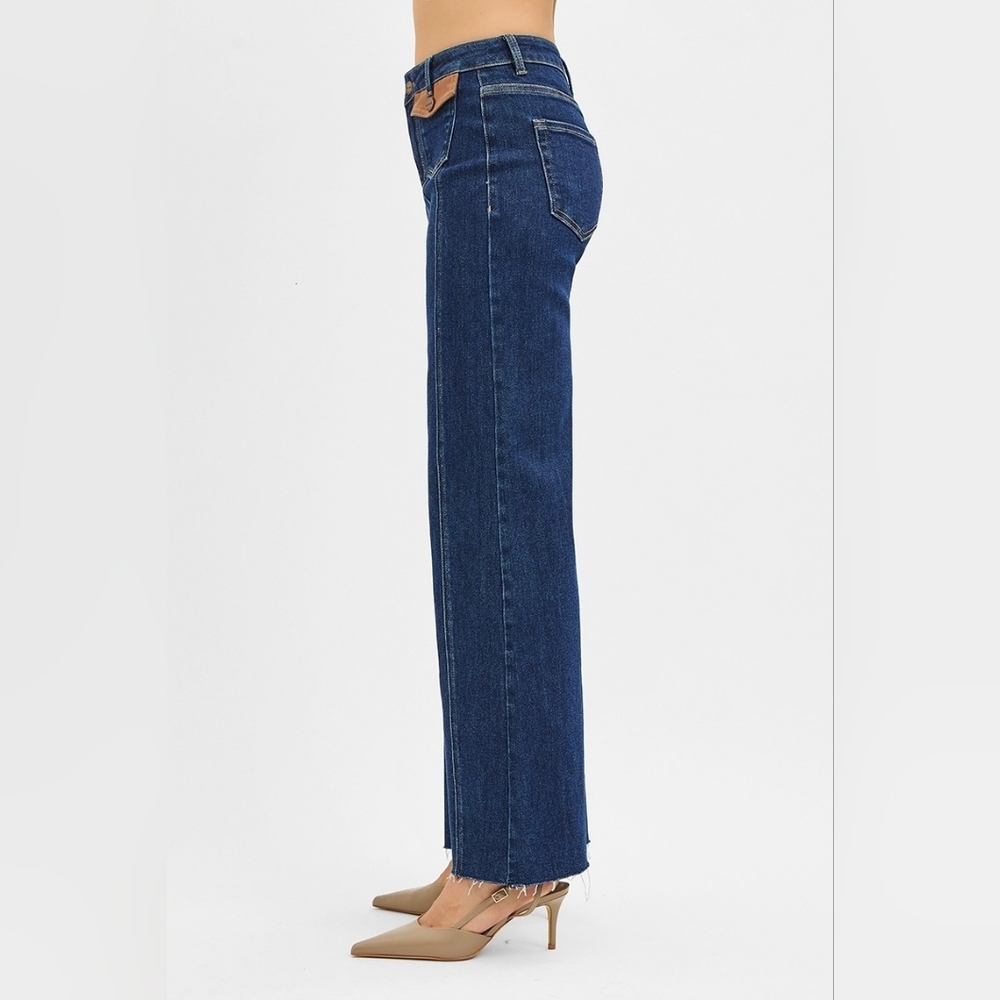 RISEN HR Dark Wide Flare Jeans Front Seam Leather Flap Patch Pocket Various NEW - Picture 8 of 13